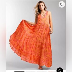FREE PEOPLE Tiers For You Maxi Dress Floral Pink Orange Size XS